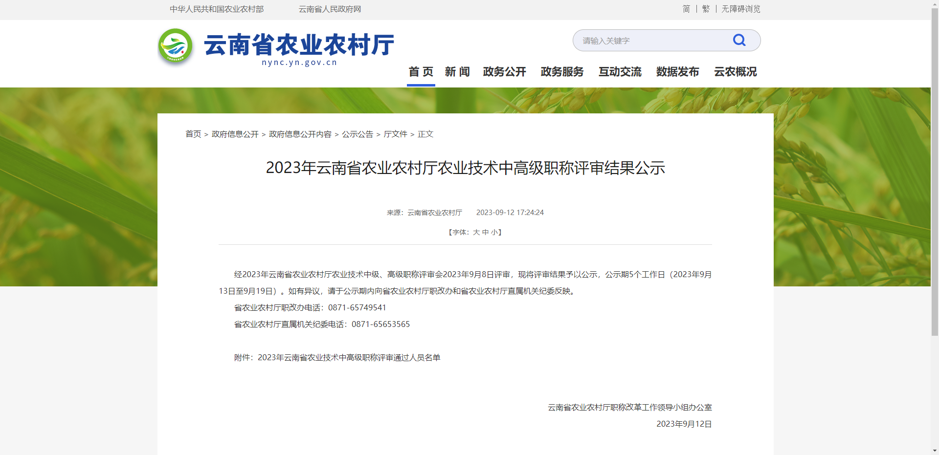 [云南省]2023年云南省农业农村厅农业技术中高级职称评审结果公示